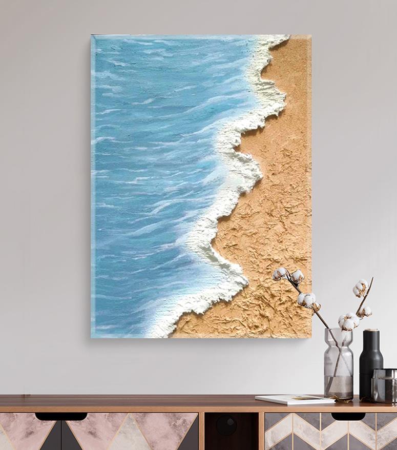 Beach wave abstract blue yellow 21 wall art minimalism texture Oil Paintings